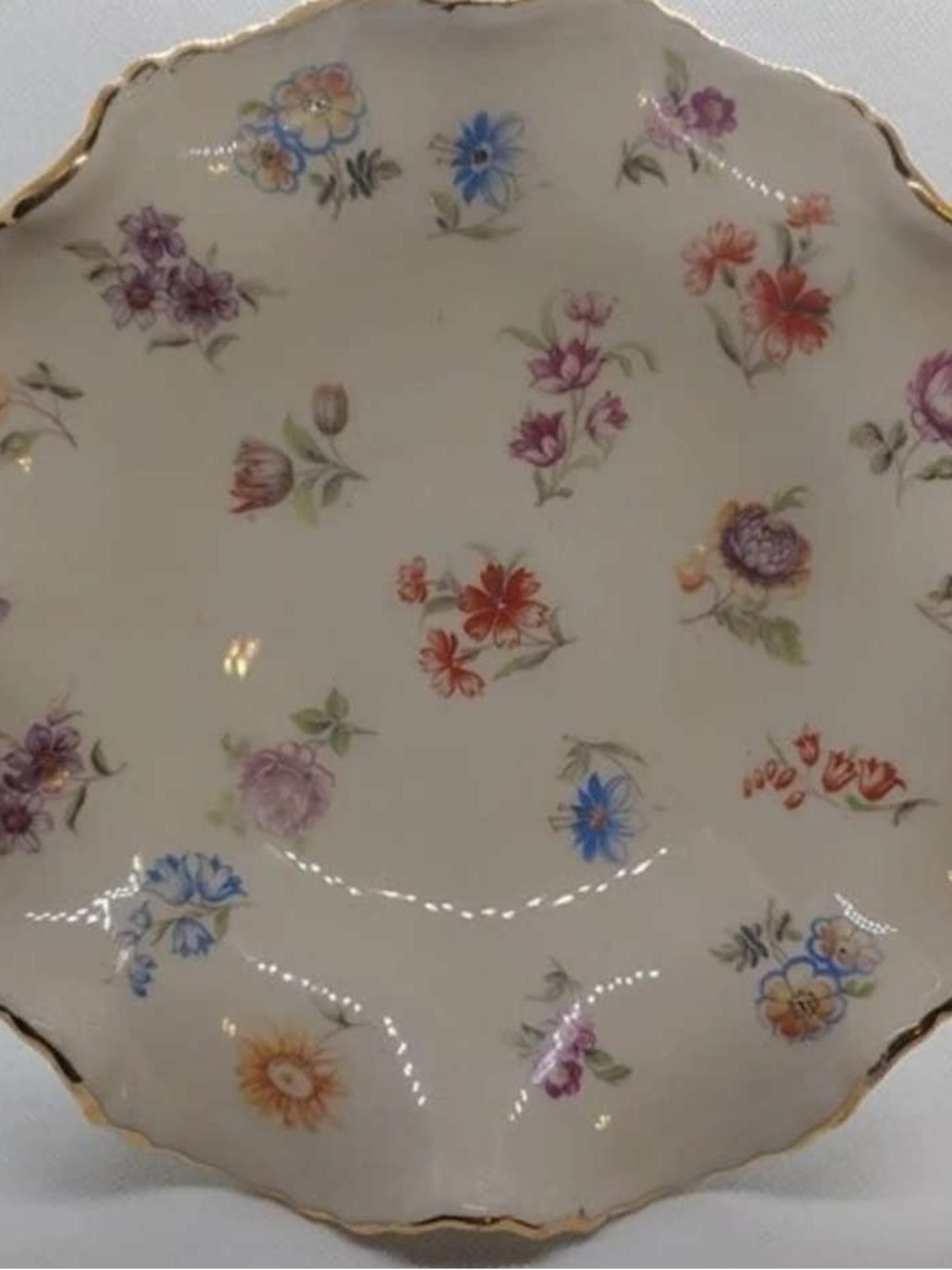 Hand-Painted Floral Porcelain Plate with Gold Trim - Multicolor